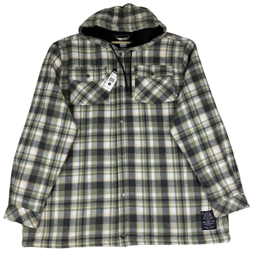 Ecko Unltd Mens 5XL Sherpa Lined Hooded Plaid Flannel Jacket Olive NWT